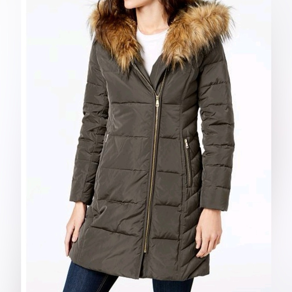 Cole Haan Olive Puffer Jacket with Faux Fur Trim